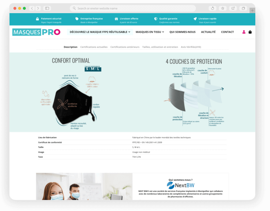 Masquespro Création Site E-commerce Vente de Masque